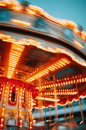 Carousel lights creating a circular blur against a twilight sky at an amusement parkの素材