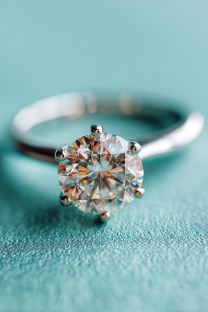 Close-up of a sparkling diamond ring on a textured turquoise backdrop, symbolizing luxury, love, and commitmentの素材