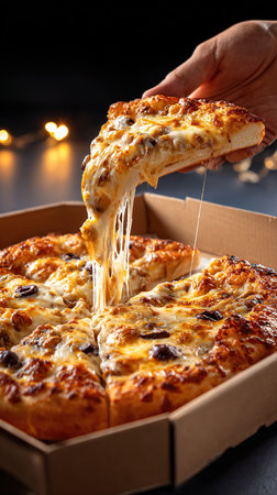 Hand lifting a slice of hot pizza with melted cheese and black olives from a delivery boxの素材
