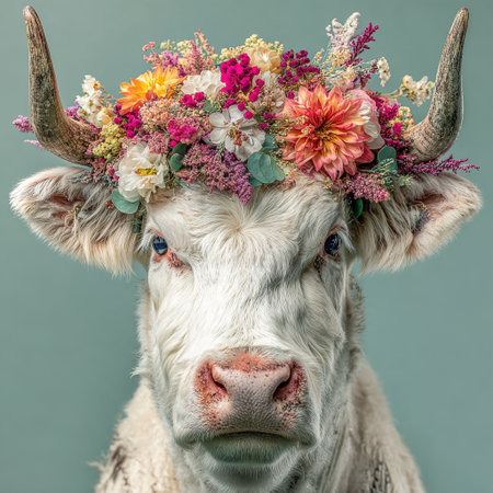 Close-up of a white cow wearing a vibrant and colorful flower crown, creating a whimsical and charming portrait against a green backdropの素材