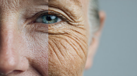 Close-up of half face of senior woman with wrinkles showing aging processの素材