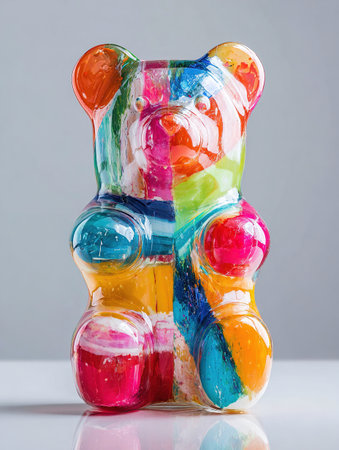 Vibrant resin bear sculpture with multicolored abstract patterns, reflecting on a white surfaceの素材