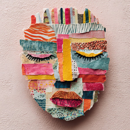 Artistic composition representing a face made of colorful paper and fabric scraps, suggesting a dreaming stateの素材