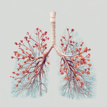 Blooming tree branches intertwining within human lungs, symbolizing respiratory health, environmental awareness, and the importance of clean airの素材