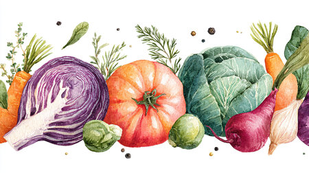 Watercolor painting showcasing a variety of fresh, colorful vegetables and herbs, ideal for promoting healthy eating and vegetarian lifestylesの素材