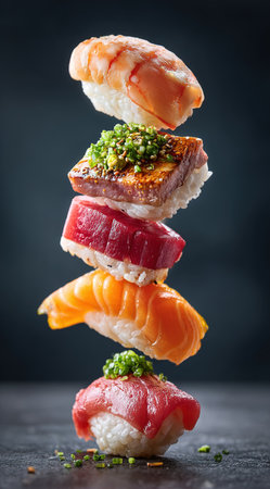 Variety of delicious nigiri sushi pieces with salmon, tuna, shrimp, and eel, floating in a stack against a dark backgroundの素材