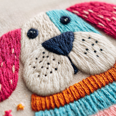 Colorful embroidered dog wearing a striped sweater showcases the intricate details of needlework and thread artの素材