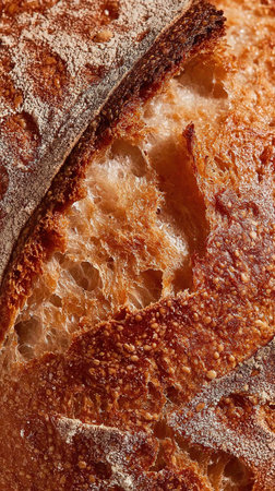 Crusty bread texture is revealed in captivating detail, showcasing airy pockets and sesame seedsの素材