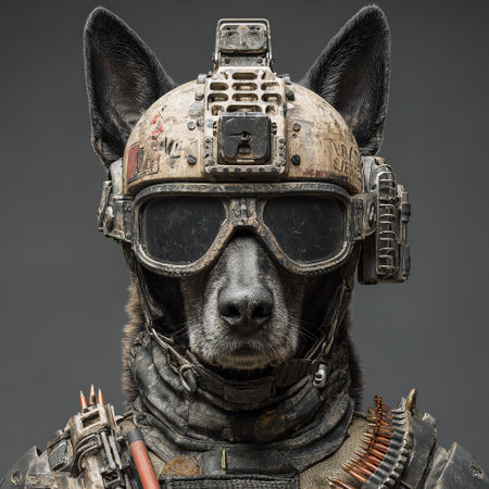 Portrait of a military working dog wearing tactical gear, including a helmet with goggles and a vestの素材