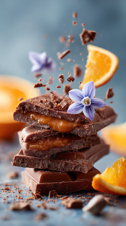Stacked pieces of milk chocolate bar with caramel filling, orange slices and purple flowers falling on blue backgroundの素材
