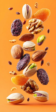 Pistachios, walnuts, almonds, dried apricots and cranberries flying on an orange backgroundの素材