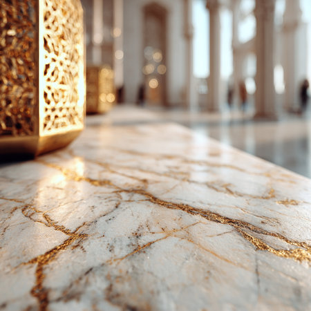 Ornate golden lantern casting warm glow on polished marble surface within a majestic mosque, creating a serene and spiritual atmosphereの素材