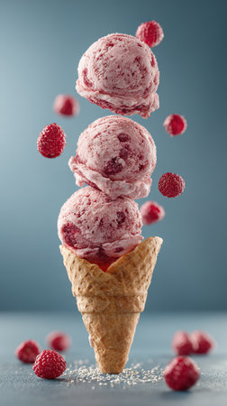 Raspberry ice cream scoops balancing on a waffle cone with falling raspberries on a blue backgroundの素材