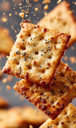 Crunchy crackers with various seeds falling against a gray background, creating a visually appealing snack imageの素材