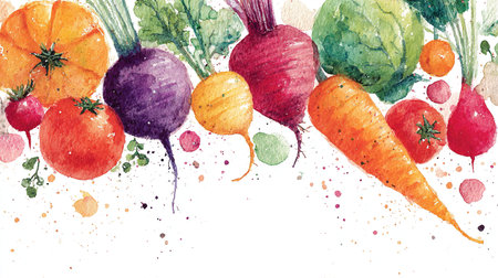 Colorful watercolor painting showcasing a variety of fresh root vegetables, tomatoes, and cabbage, ideal for promoting healthy eating and farm-fresh produceの素材