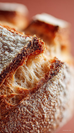 Freshly baked crusty bread is showing its soft and airy interior texture, creating a tempting image of wholesome goodnessの素材