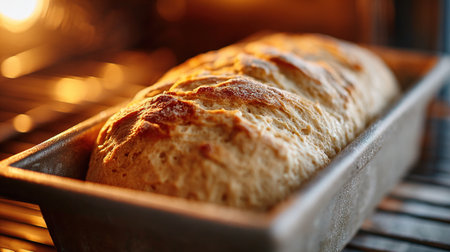 Freshly baked loaf of bread sits in a metal tin, baking in a warm, glowing ovenの素材