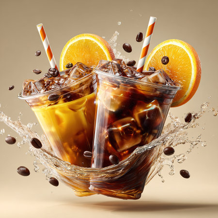 Two plastic cups of iced coffee with orange slices and coffee beans are splashing with waterの素材