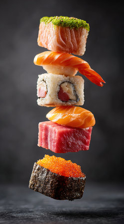 Delicious assortment of fresh sushi pieces floating in a stack, creating a visually appealing culinary displayの素材