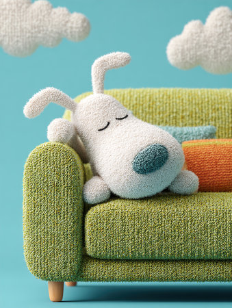 Adorable fluffy toy dog napping on a comfortable green sofa under stylized white clouds, creating a peaceful and dreamy sceneの素材
