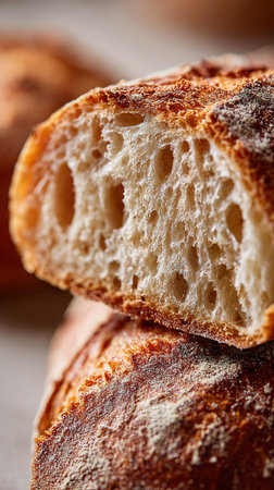 Freshly baked ciabatta bread showcases its porous texture, crispy crust, and inviting aromaの素材