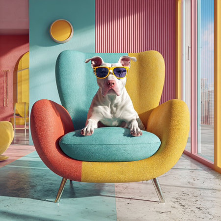 White pit bull dog wearing sunglasses enjoys a relaxing moment in a colorful, modern apartment, showcasing a vibrant and stylish lifestyleの素材