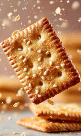 Sesame cracker floating in the air with crumbs falling, creating a dynamic and appetizing sceneの素材