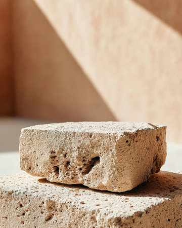 Two rough travertine stones creating a podium for product placement on a beige background with natural lighting and shadowの素材