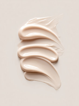 Creamy foundation makeup is creating smooth strokes on a neutral backgroundの素材
