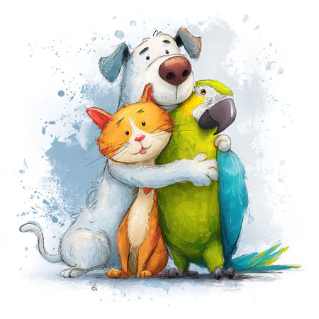 Cartoon dog, cat and parrot hugging each other, celebrating friendship and togethernessの素材