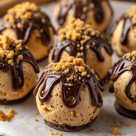 Close-up of homemade peanut butter truffles drizzled with dark chocolate and sprinkled with biscuit crumbs, creating a tempting dessertの素材