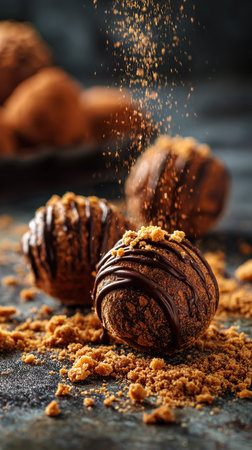 Delicious chocolate truffles sprinkled with cocoa powder and biscuit crumbs, creating a tempting dessertの素材