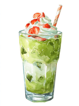 Refreshing iced matcha green tea latte topped with whipped cream, fresh sliced strawberries, and a striped straw, watercolor paintingの素材