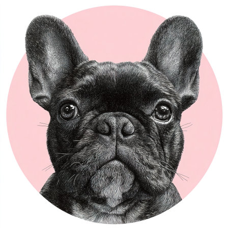 Illustration of a black french bulldog over a pink circular background, creating a modern and stylish portraitの素材