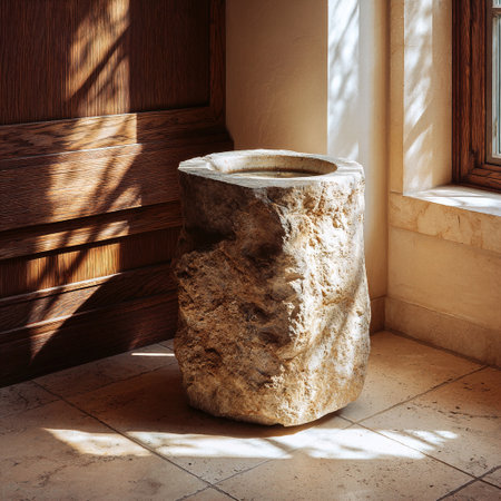Sunlight illuminating stone baptismal font near wooden wall in church, creating peaceful atmosphereの素材