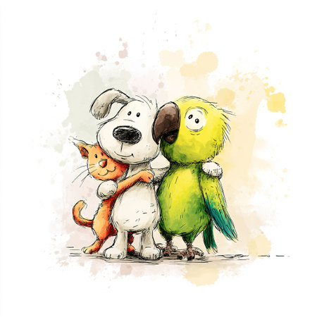 Cartoon illustration of a cat, dog and parrot hugging, showing interspecies friendship and animal loveの素材