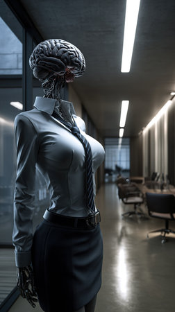 Cyborg worker with a visible human brain standing in a modern office environmentの素材