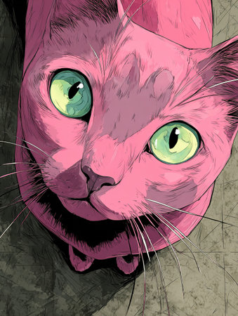 Stylized pink cat with vibrant green eyes looking curiously upwardsの素材