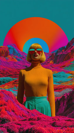 Woman standing in a colorful psychedelic landscape with a gradient sun creating a retro aestheticの素材
