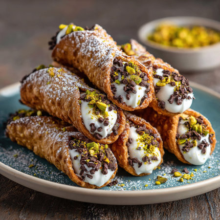 Sicilian cannoli pastries filled with sweet ricotta cream, chocolate chips, and chopped pistachios on a blue plateの素材