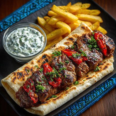 Grilled kebab meat on pita bread, served with french fries and tzatziki sauceの素材
