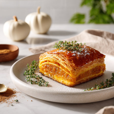 Flaky pumpkin pastry topped with thyme and powdered sugar, bringing autumn flavorsの素材