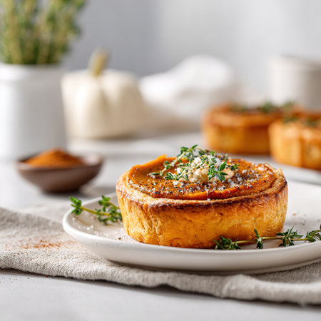 Mini savory pumpkin tart with spices and fresh thyme on a white plateの素材