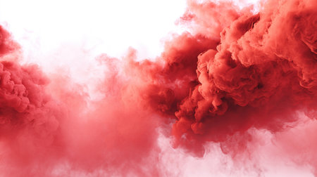 Red smoke cloud creating an abstract texture on a clean white backgroundの素材