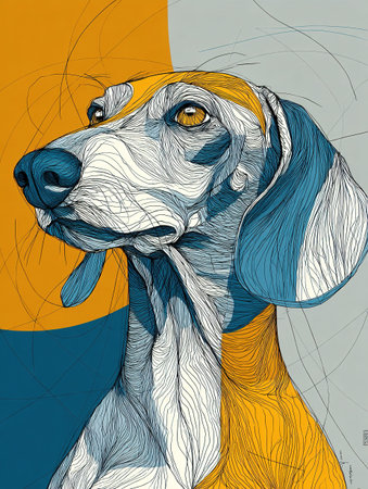 Beagle dog portrait illustrating a stylized line art technique with blue and yellow colorsの素材