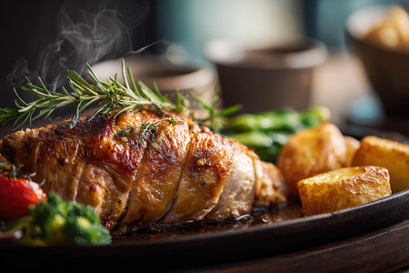 Roasted meat entree with crispy potatoes and fresh herbs, steaming hot on a platterの素材