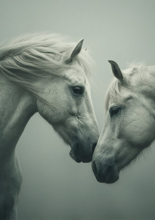 Two white horses nuzzling each other, showing trust and intimacy in muted tonesの素材