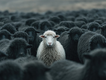 White sheep standing out from a large herd of black sheep, representing individuality and uniquenessの素材