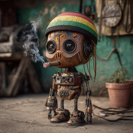 Rasta robot wearing a reggae hat and smoking a cigarの素材