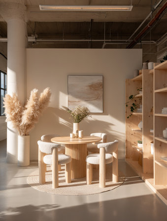 Modern dining area interior design filled with natural light, focusing on neutral tones and wooden furnitureの素材